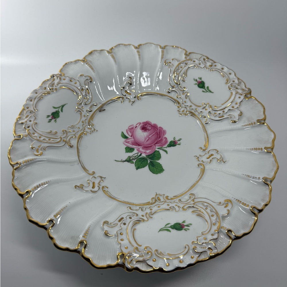 Meissen White Plate with Pink Rose and Gold Accents, 11”